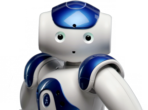 The friendly looking white and blue NAO robot stands with his elbows bent and looks forward.