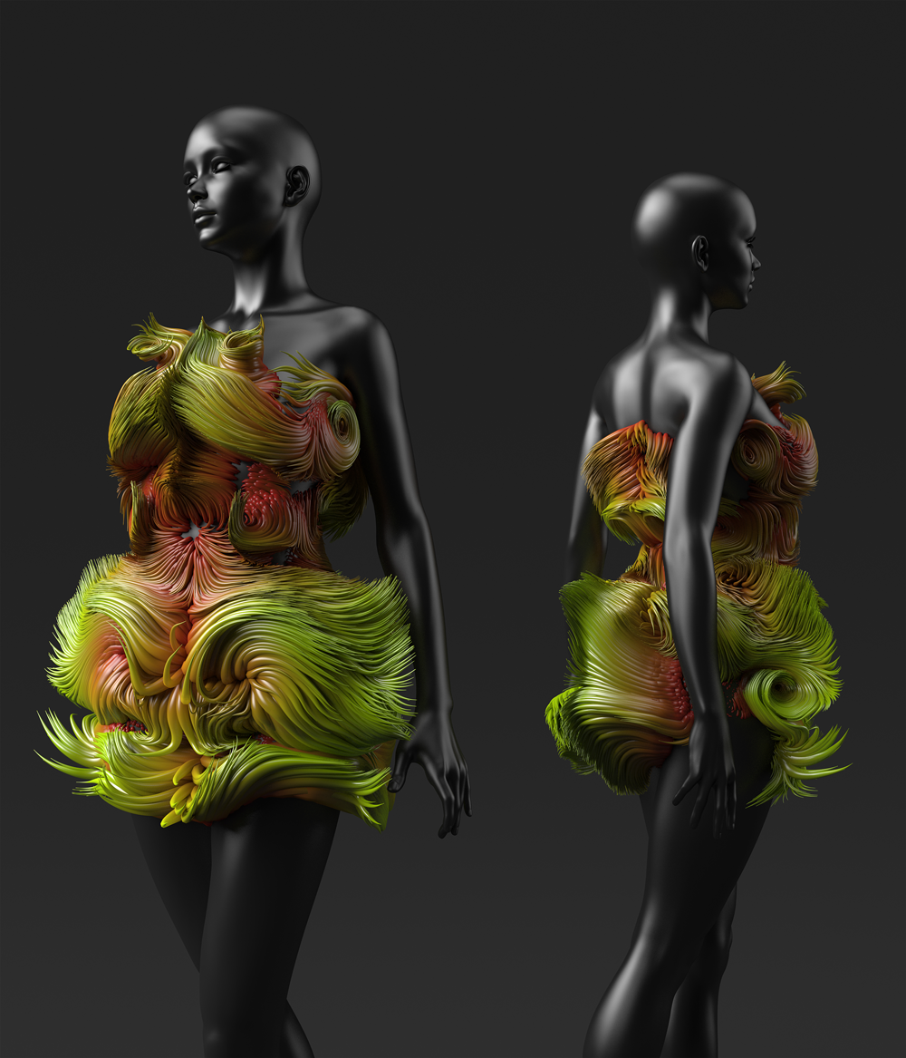 Two black mannequin wearing a garnment that ressemble to an explosion of green and red spikey and twirling hairs